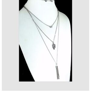 Silver Layered Crystal Feather Tassel Chain Necklace Earrings Jewelry Set